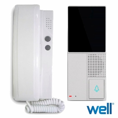 Intercomunicador branco e unidade com ecrã e ícone de sino azul