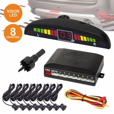 Sistema de sensores de estacionamento com visor LED e 8 sensores pretos