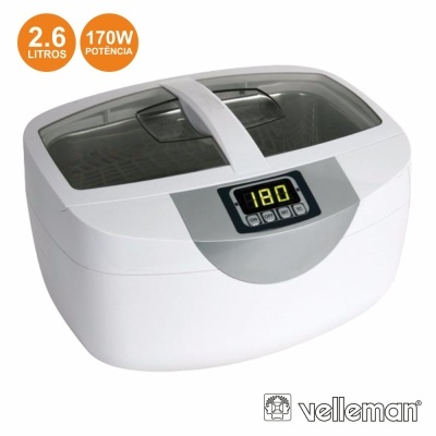 Aparelho de limpeza ultrassónica branco com visor digital e tampa dupla transparente