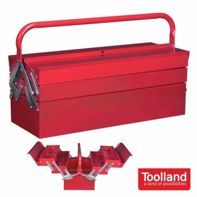 Caixa de ferramentas vermelha metálica aberta com alça e várias divisórias articuladas