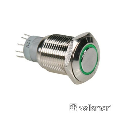 Botão interruptor metálico redondo com anel verde iluminado