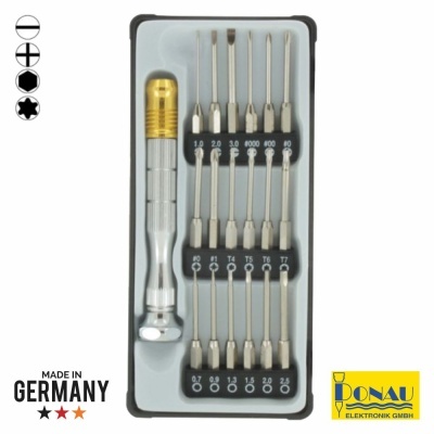 Conjunto de ferramentas de precisão com várias pontas e cabo metálico