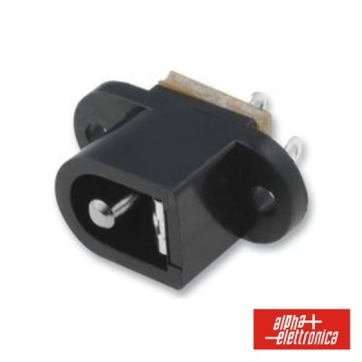 Conector elétrico preto com pinos metálicos e logo alpha elettronica