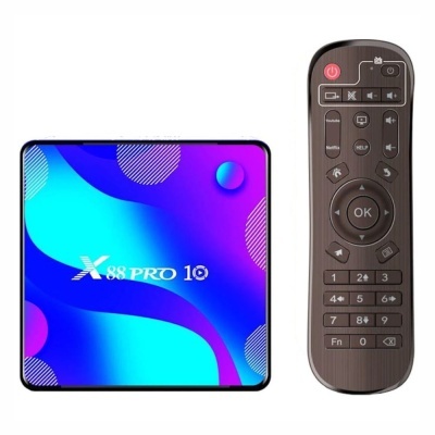 Dispositivo X88 PRO 10 azul e roxo com comando remoto preto ao lado