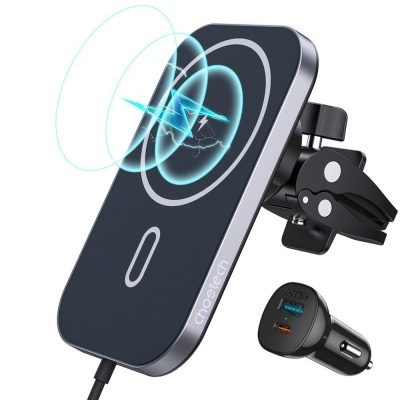 Suporte de telemóvel veicular Choetech preto com carregamento sem fio e carregador USB com duas portas