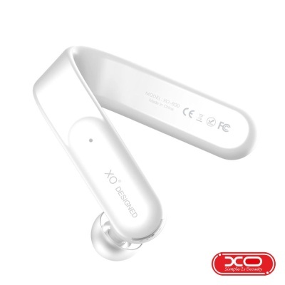 Auricular sem fios branco com texto e certificações visíveis