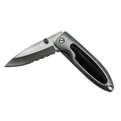 Faca dobrável com lâmina serrilhada e cabo cinza e preto