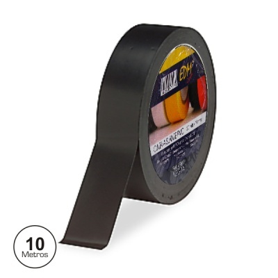 Rolo de fita isolante preta com 10 metros e rótulo colorido