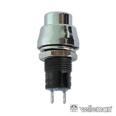 Botão de pressão metálico prateado com base preta e pinos de contacto duplos