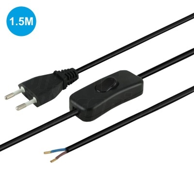 Cabo elétrico preto com ficha europeia de dois pinos e interruptor, fios desencapados