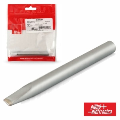 Ferramenta metálica prateada com ponta achatada junto a embalagem da Alpha Elettronica vermelha e transparente