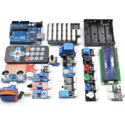Kit de componentes eletrónicos com placa Arduino, controlo remoto, sensores e módulo LCD