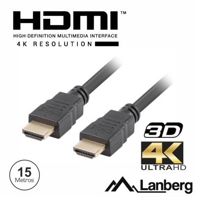 Cabo HDMI preto de 15 metros com conectores dourados e inscrições HDMI, 4K, 3D, Lanberg