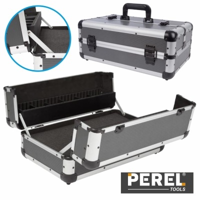 Estojo organizador para ferramentas metálico prateado com interior preto e fechos, marca PEREL Tools