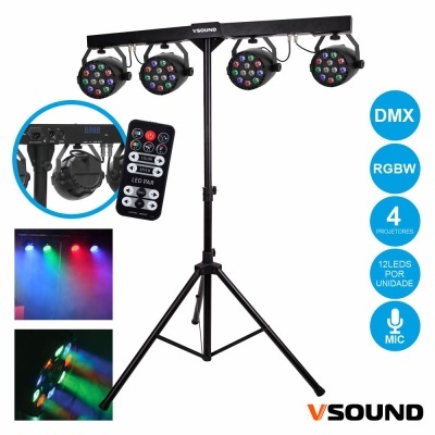 Sistema de luz LED com 4 projetores em tripé preto e controle remoto
