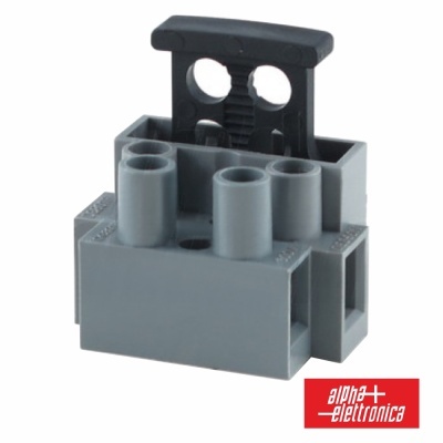 Conector elétrico cinzento com alavanca preta e logótipo alpha elettronica