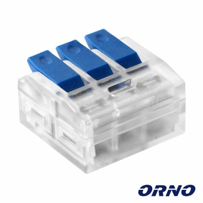 Conector elétrico de 3 vias com alavancas azuis e corpo transparente