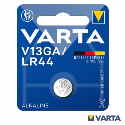  embalagem azul de pilha alcalina Varta V13GA LR44 com informações de segurança