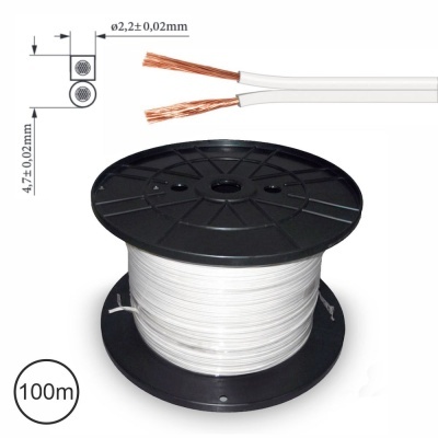 Rolo de fio elétrico branco com dois condutores de cobre e carretel preto