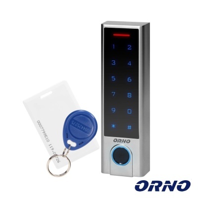 Leitor de teclado tátil e RFID com cartão branco e etiqueta azul, marca ORNO
