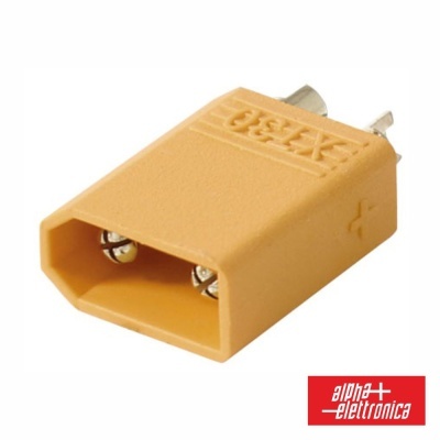 Adaptador elétrico amarelo com texto XT60 e logotipo alpha-elettronica