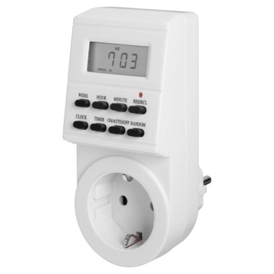 Temporizador digital branco com visor LCD e botões pretos