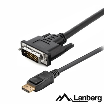 Cabo preto com conectores DVI e DisplayPort com logótipo Lanberg