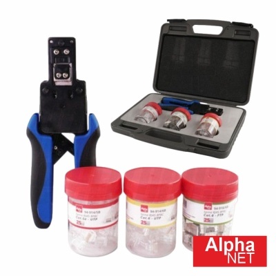 Kit de ferramentas elétricas com alicate, recipientes com conectores e estojo cinzento aberto