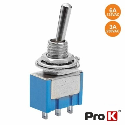 Interruptor de alavanca azul com terminal metálico e textos técnicos em fundo branco