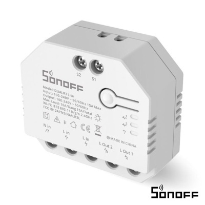Módulo inteligente Sonoff DUALR3 Lite branco com conexões e texto técnico