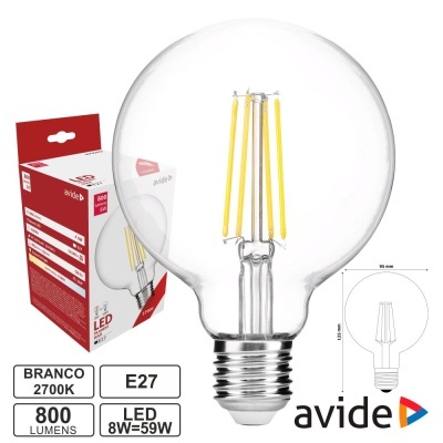 Lâmpada LED filamentada avide E27 2700K junto de embalagem e dimensões