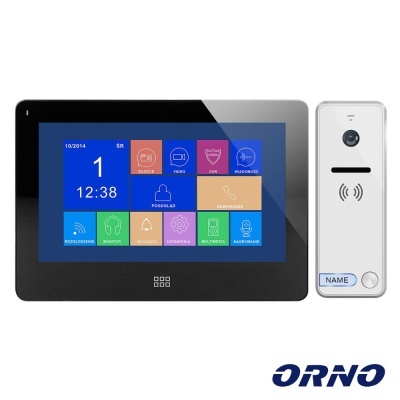 Sistema videoporteiro ORNO com monitor a cores e unidade externa branca com câmara e botão.