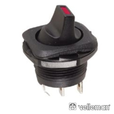 Interruptor basculante preto com detalhe vermelho e três terminais metálicos