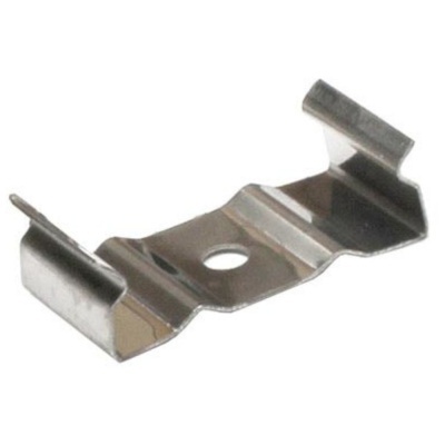 Peça metálica prateada com buraco no centro, suporte ou clipe