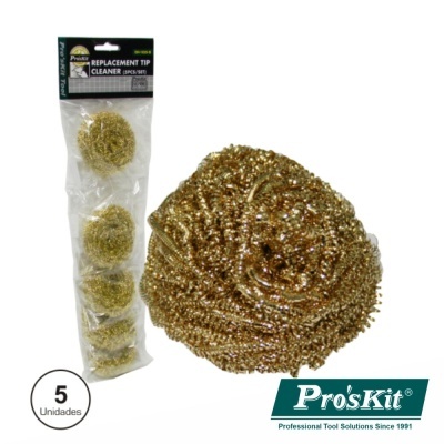 Pacote com cinco esponjas metálicas douradas para limpeza da marca Pro'sKit