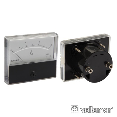 Medidor ampermétro analógico preto com escala de 0 a 3 amperes