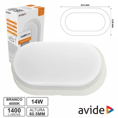 Luz de teto oval branca Avide com embalagem e medidas