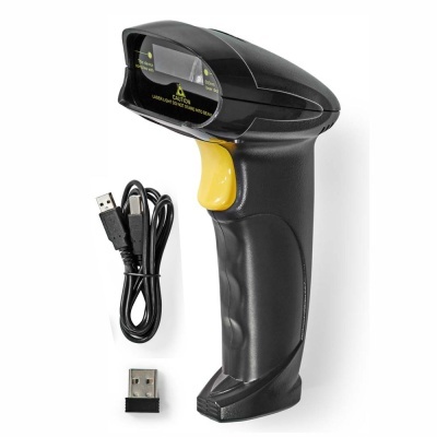 Leitor de código de barras preto com gatilho amarelo, cabo USB e adaptador USB