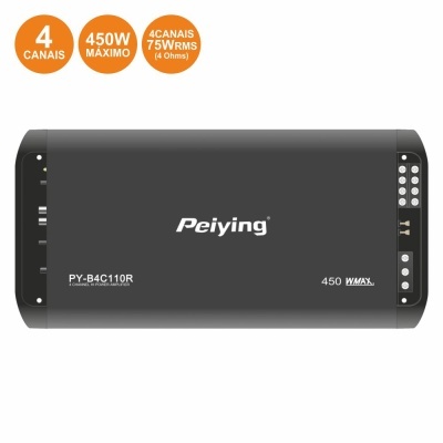 Amplificador de som Peiying preto com texto e ícones de especificações