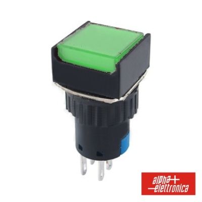 Botão quadrado verde com estrutura preta e terminais metálicos