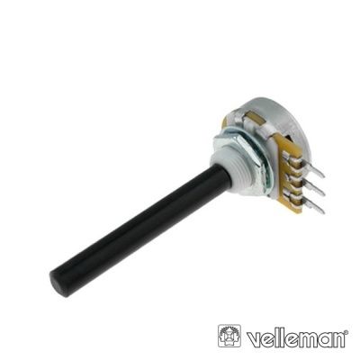 Potenciômetro rotativo com eixo preto longo e terminais elétricos