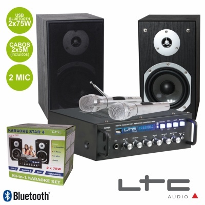 Conjunto karaoke LTC Audio com altifalantes, amplificador, microfones e caixa