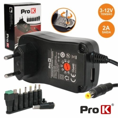Carregador Pro K preto com vários adaptadores e embalagem