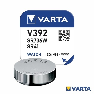 Bateria de botão VARTA V392 para relógios, embalagem branca e azul, bateria metálica prateada.