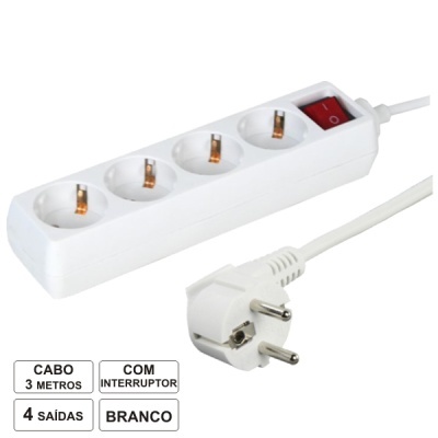 Extensão elétrica branca com quatro tomadas, interruptor vermelho e cabo branco