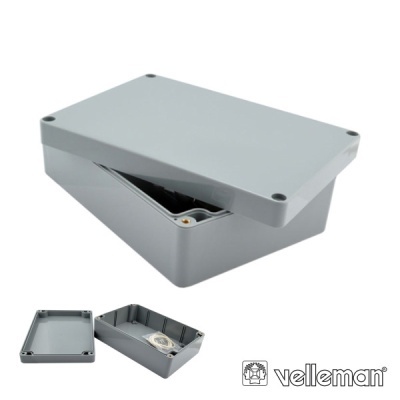 Caixa de montagem cinzenta retangular com tampa removível e a marca Velleman