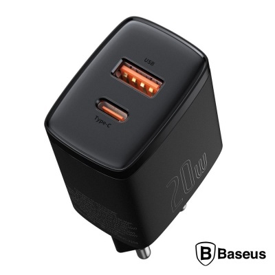 Carregador rápido Baseus preto com portas USB e Type-C