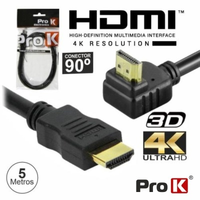 Cabo HDMI preto Pro K com conetor em ângulo de 90 graus e 5 metros