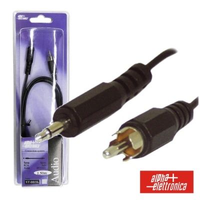 Cabo de áudio preto com ficha Jack 3.5mm e RCA em embalagem com papel roxo e logótipo alfa electrónica vermelho
