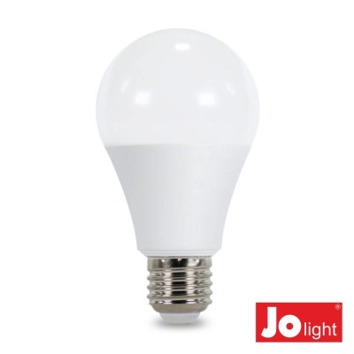 Lâmpada LED branca com base metalizada e logótipo Jolight em fundo vermelho